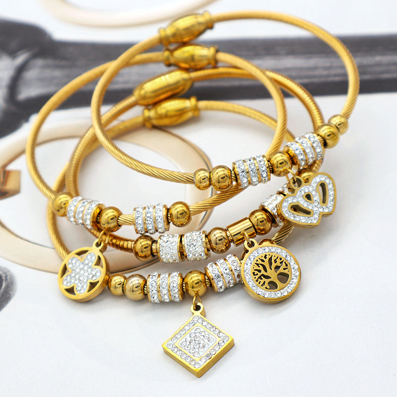 Women Girl 18k Gold Plated Stainless Steel Bangle Charm Bracelets