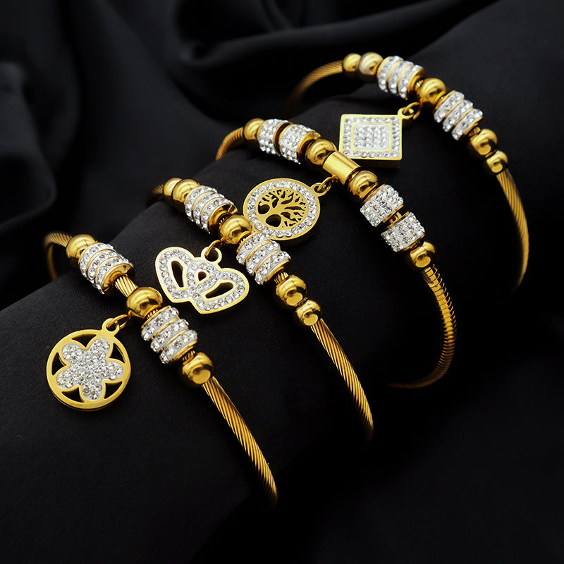 Women Girl 18k Gold Plated Stainless Steel Bangle Charm Bracelets