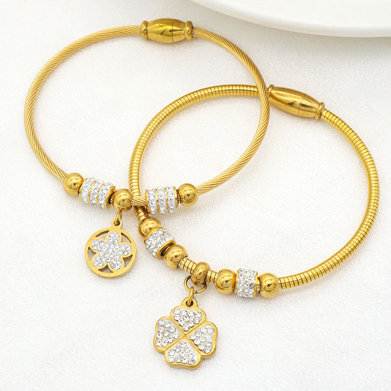Women Girl 18k Gold Plated Stainless Steel Bangle Charm Bracelets