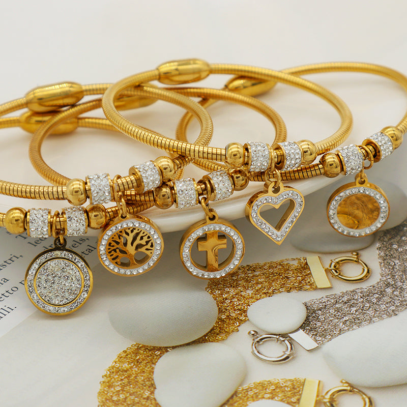 Wholesale Good Quality Custom 18K Gold plated Crystal Heart Butterfly Cross Family Tree charm stainless steel inspiration bangle