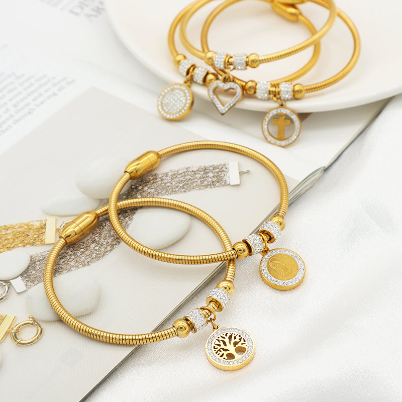 Wholesale Good Quality Custom 18K Gold plated Crystal Heart Butterfly Cross Family Tree charm stainless steel inspiration bangle