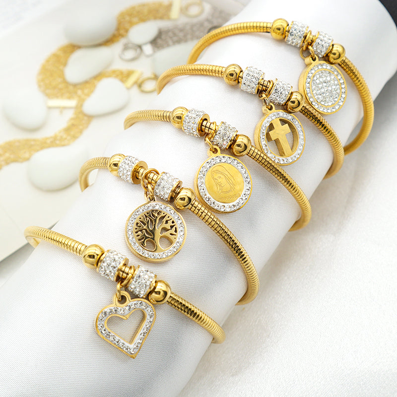 Wholesale Good Quality Custom 18K Gold plated Crystal Heart Butterfly Cross Family Tree charm stainless steel inspiration bangle