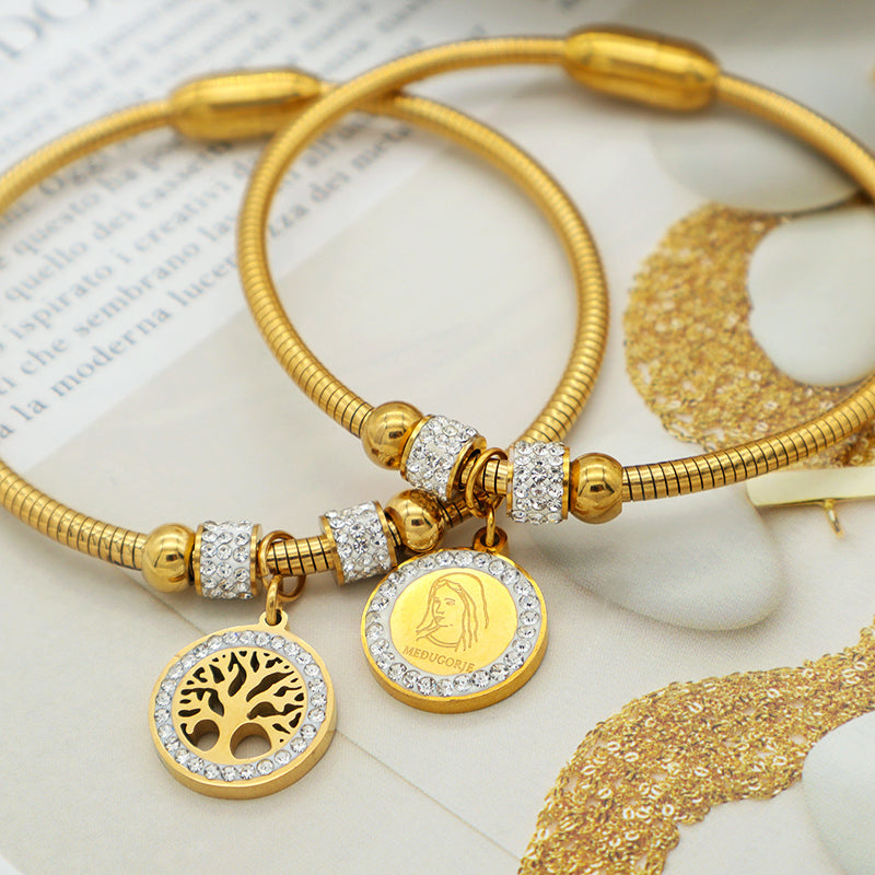 Wholesale Good Quality Custom 18K Gold plated Crystal Heart Butterfly Cross Family Tree charm stainless steel inspiration bangle