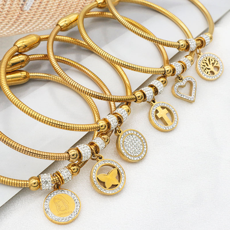 Wholesale Good Quality Custom 18K Gold plated Crystal Heart Butterfly Cross Family Tree charm stainless steel inspiration bangle