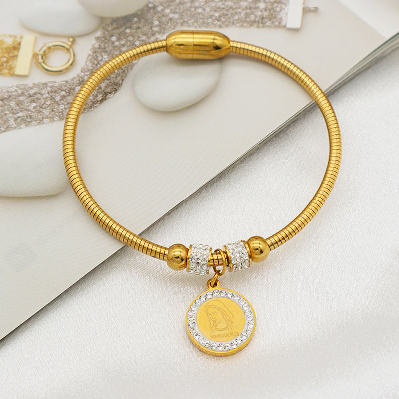 Wholesale Good Quality Custom 18K Gold plated Crystal Heart Butterfly Cross Family Tree charm stainless steel inspiration bangle