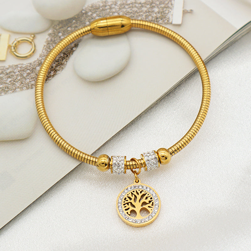 Wholesale Good Quality Custom 18K Gold plated Crystal Heart Butterfly Cross Family Tree charm stainless steel inspiration bangle