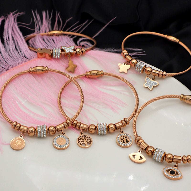 Trendy Jewelry Women Stainless Steel Bangle Gold Plated Charm Bracelet