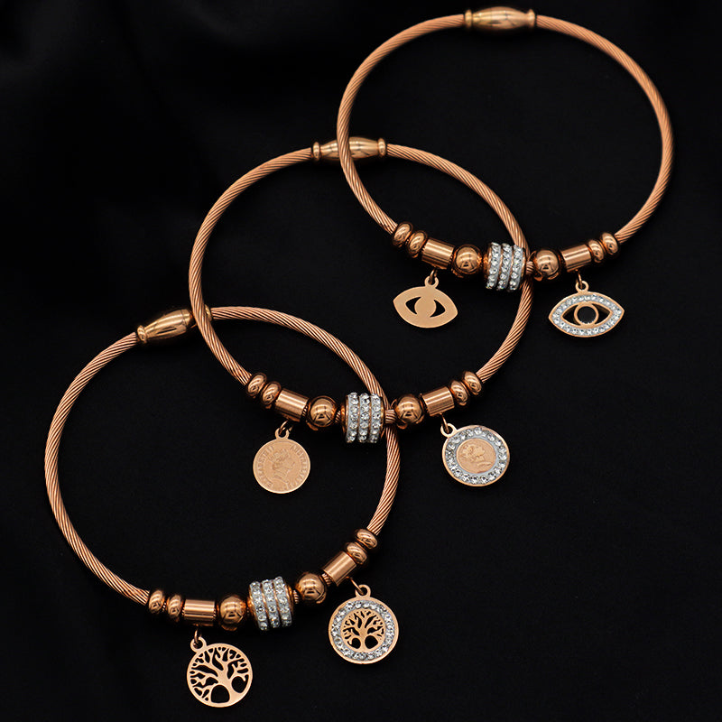 Trendy Jewelry Women Stainless Steel Bangle Gold Plated Charm Bracelet