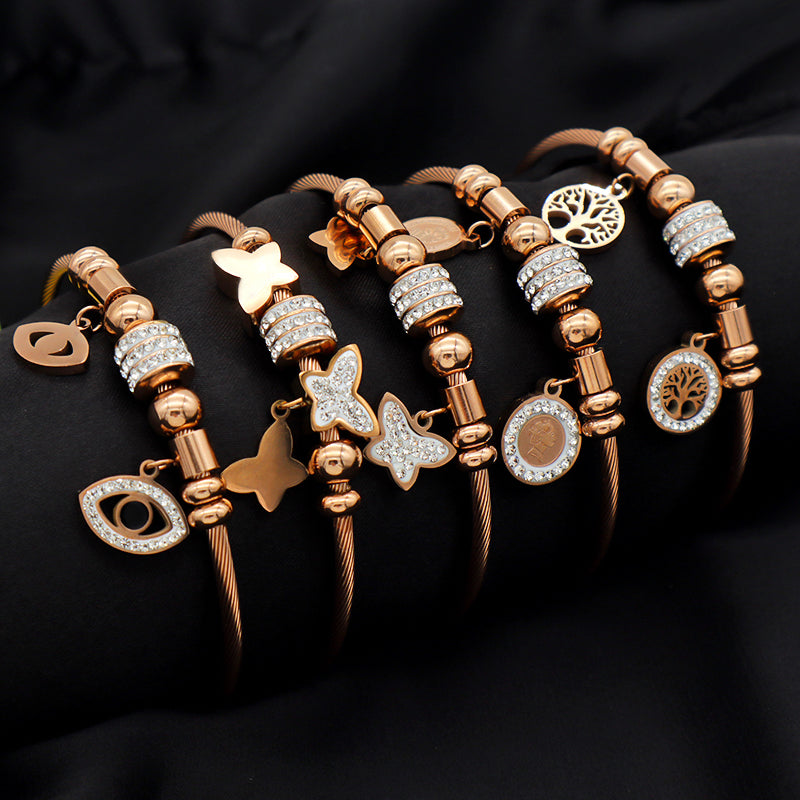 Trendy Jewelry Women Stainless Steel Bangle Gold Plated Charm Bracelet