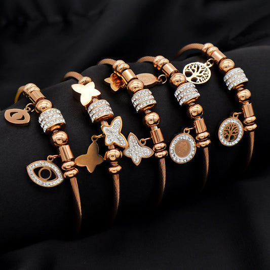 Trendy Jewelry Women Stainless Steel Bangle Gold Plated Charm Bracelet