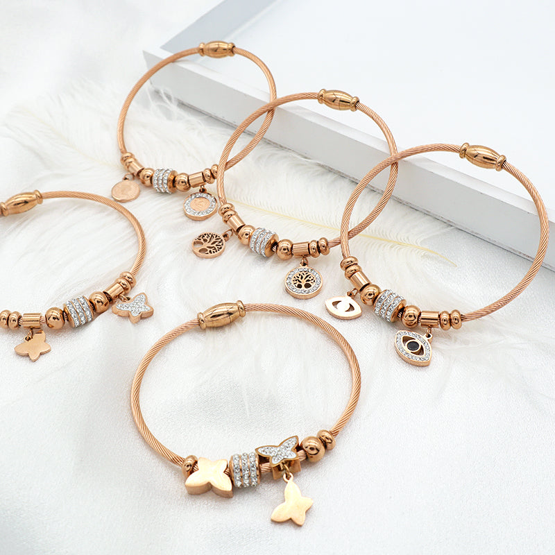 Trendy Jewelry Women Stainless Steel Bangle Gold Plated Charm Bracelet