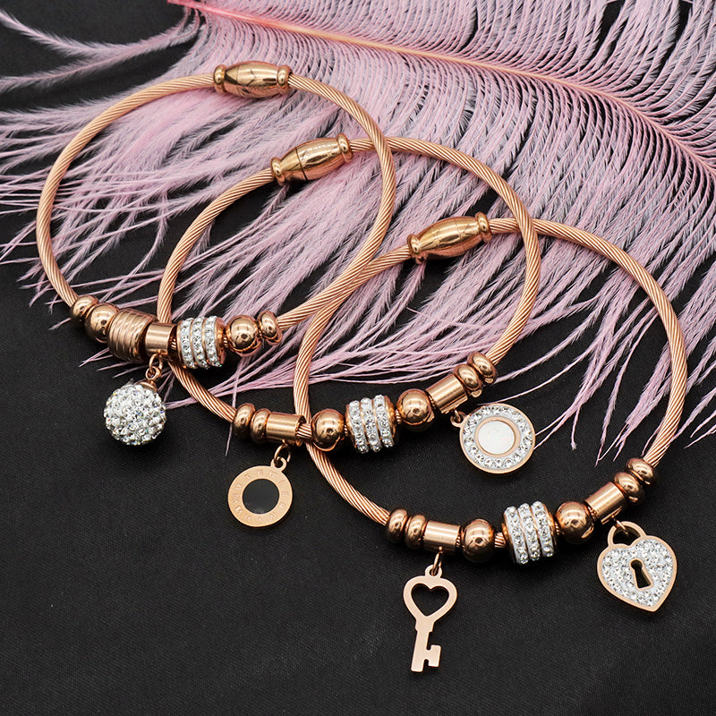 Trendy Jewelry Women Stainless Steel Bangle Gold Plated Charm Bracelet