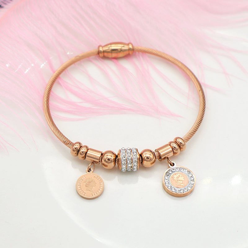 Trendy Jewelry Women Stainless Steel Bangle Gold Plated Charm Bracelet