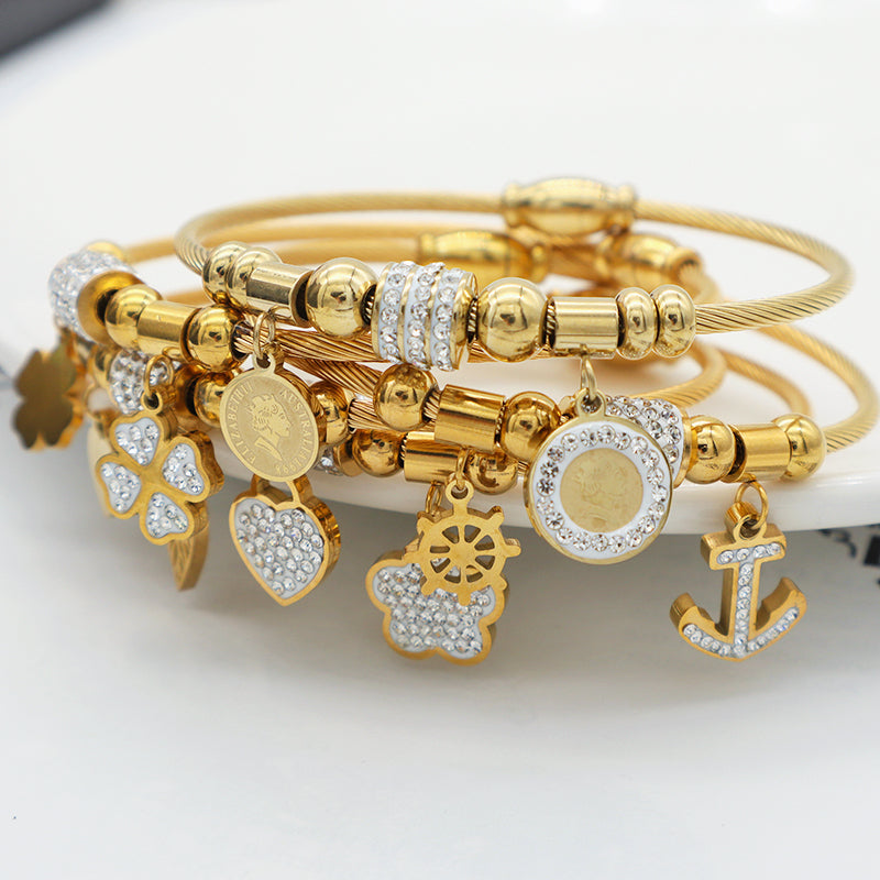 High PVD plated quality 18k gold plated women stainless steel bangle charm bracelet