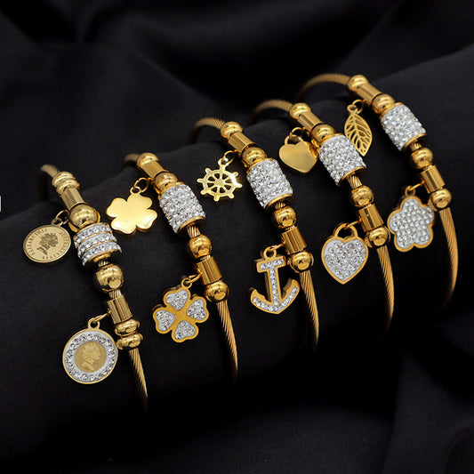 High PVD plated quality 18k gold plated women stainless steel bangle charm bracelet