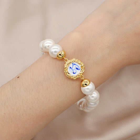Factory Manufacture Customized Wholesale Women Jewelry OEM Gold Plated Enamel Charm elastic Handmade Pearl Beads bracelet