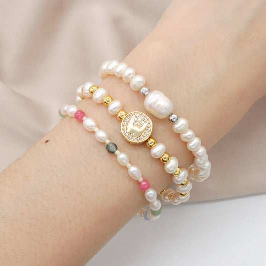 Customized Women Cross Initial Letter Charm Bracelets Handmade Natural Fresh Water Pearl Beaded Bracelet