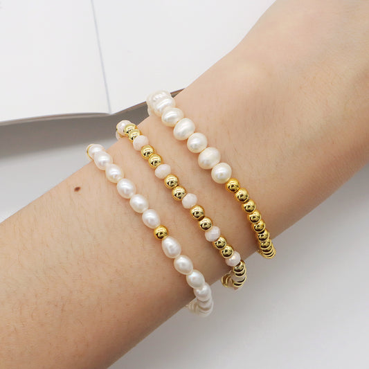 Handmade Ladies Jewelry Custom Glass Crystal Gold Plated Beaded Bracelets Freshwater Natural Pearl Bracelet