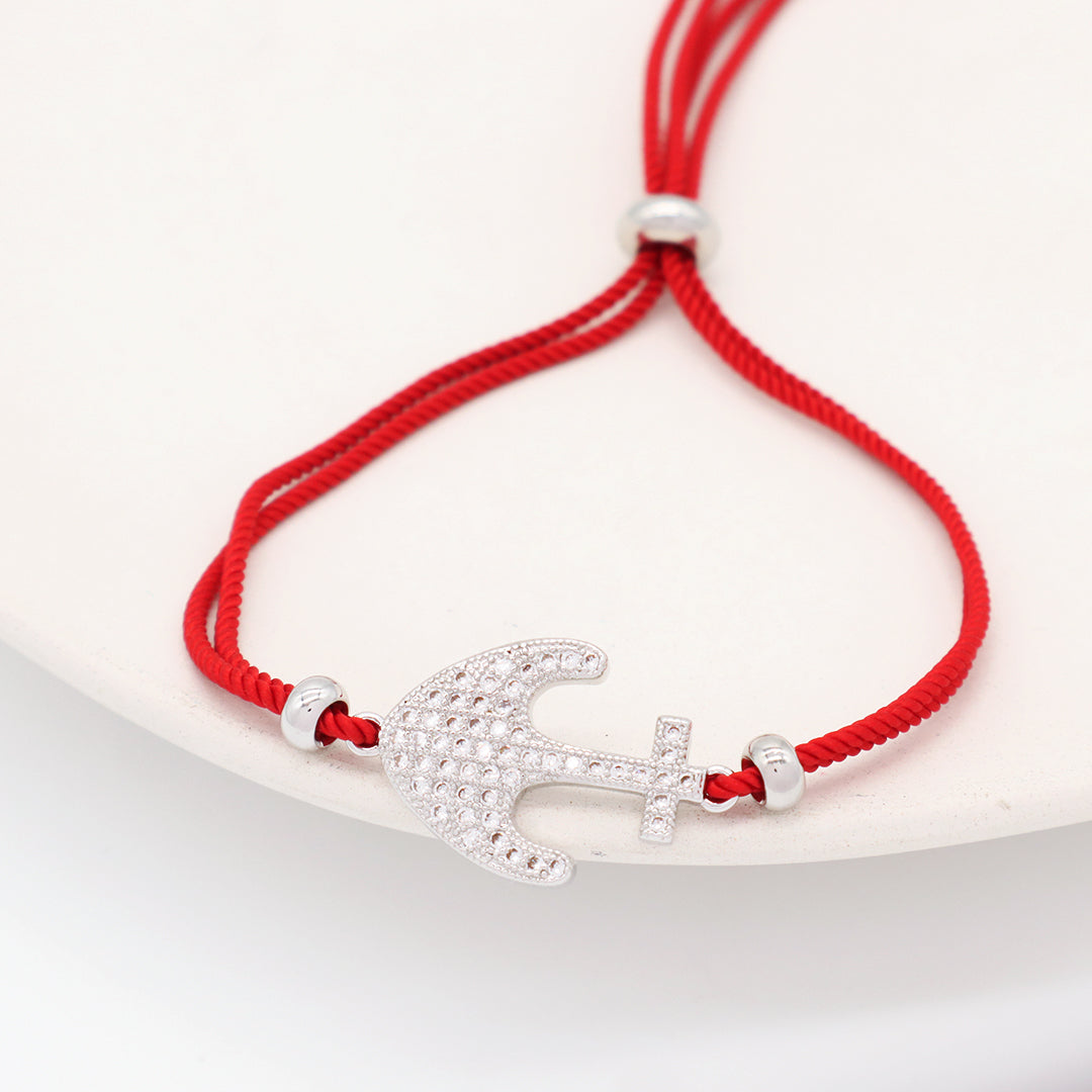 Wholesale OEM Manufacture Factory Customized Adjustable Red Rope Handmade Rhodium Plated Anchor Charm Bracelet For Women Girl