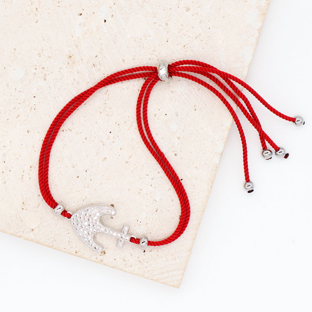 Wholesale OEM Manufacture Factory Customized Adjustable Red Rope Handmade Rhodium Plated Anchor Charm Bracelet For Women Girl