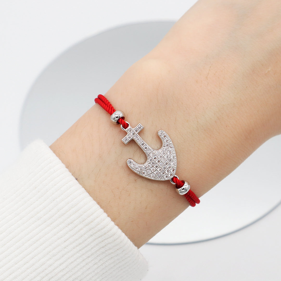 Wholesale OEM Manufacture Factory Customized Adjustable Red Rope Handmade Rhodium Plated Anchor Charm Bracelet For Women Girl