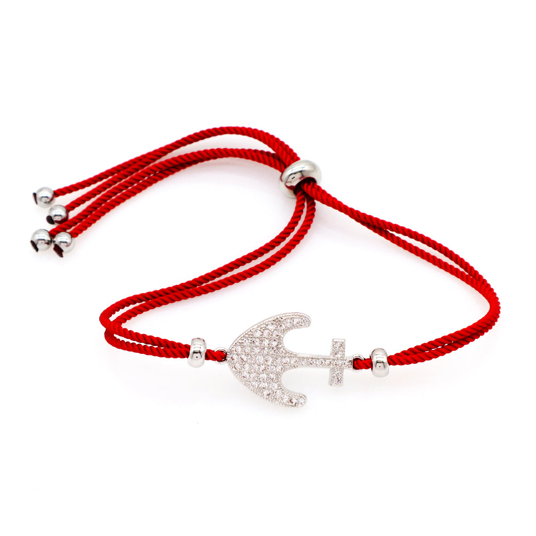 Wholesale OEM Manufacture Factory Customized Adjustable Red Rope Handmade Rhodium Plated Anchor Charm Bracelet For Women Girl