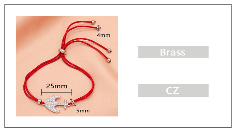 Wholesale OEM Manufacture Factory Customized Adjustable Red Rope Handmade Rhodium Plated Anchor Charm Bracelet For Women Girl