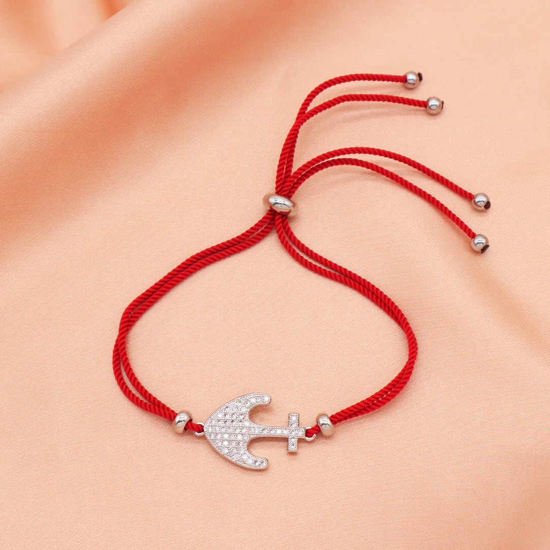 Wholesale OEM Manufacture Factory Customized Adjustable Red Rope Handmade Rhodium Plated Anchor Charm Bracelet For Women Girl