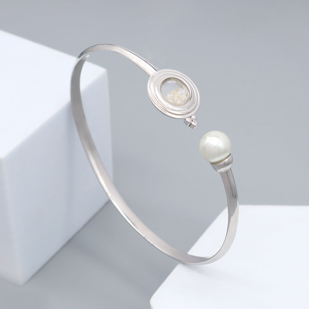 Manufacture Wholesale China Factory Custom Women Gift Open Adjustable Fresh Water Pearl Round Glass Mirror Sand CZ Charm 925 Sterling Silver Bangle Bracelet