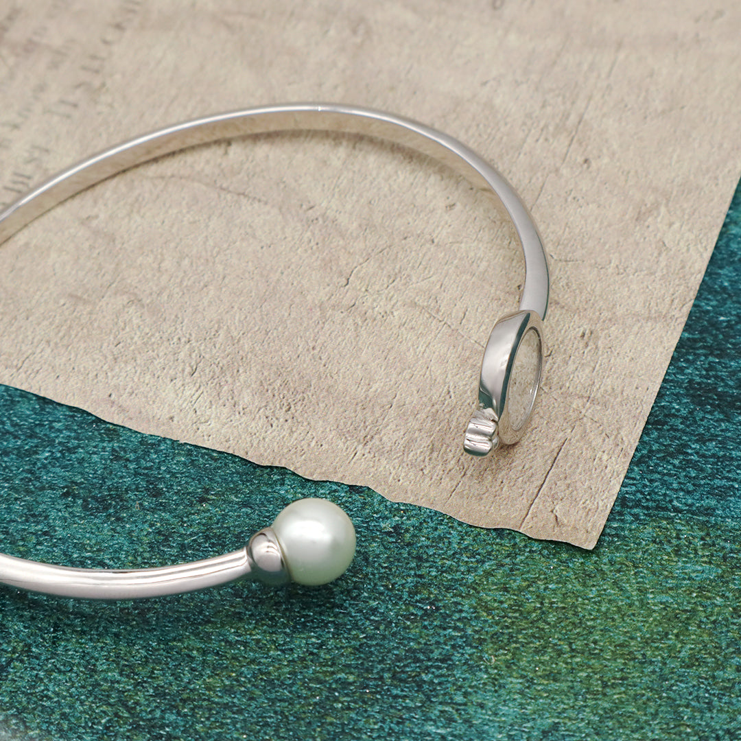 Manufacture Wholesale China Factory Custom Women Gift Open Adjustable Fresh Water Pearl Round Glass Mirror Sand CZ Charm 925 Sterling Silver Bangle Bracelet