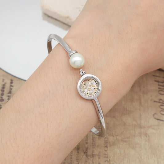 Manufacture Wholesale China Factory Custom Women Gift Open Adjustable Fresh Water Pearl Round Glass Mirror Sand CZ Charm 925 Sterling Silver Bangle Bracelet