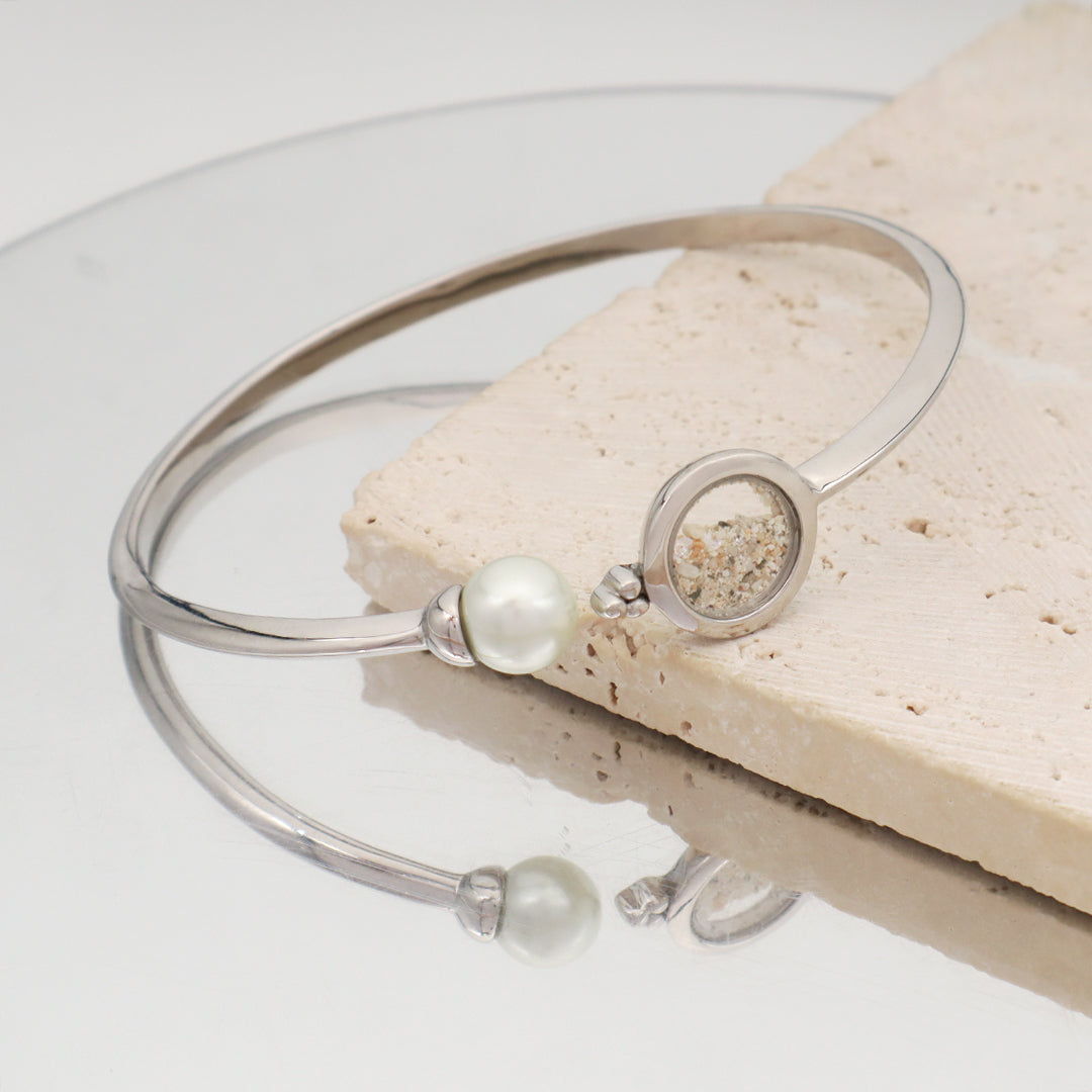 Manufacture Wholesale China Factory Custom Women Gift Open Adjustable Fresh Water Pearl Round Glass Mirror Sand CZ Charm 925 Sterling Silver Bangle Bracelet