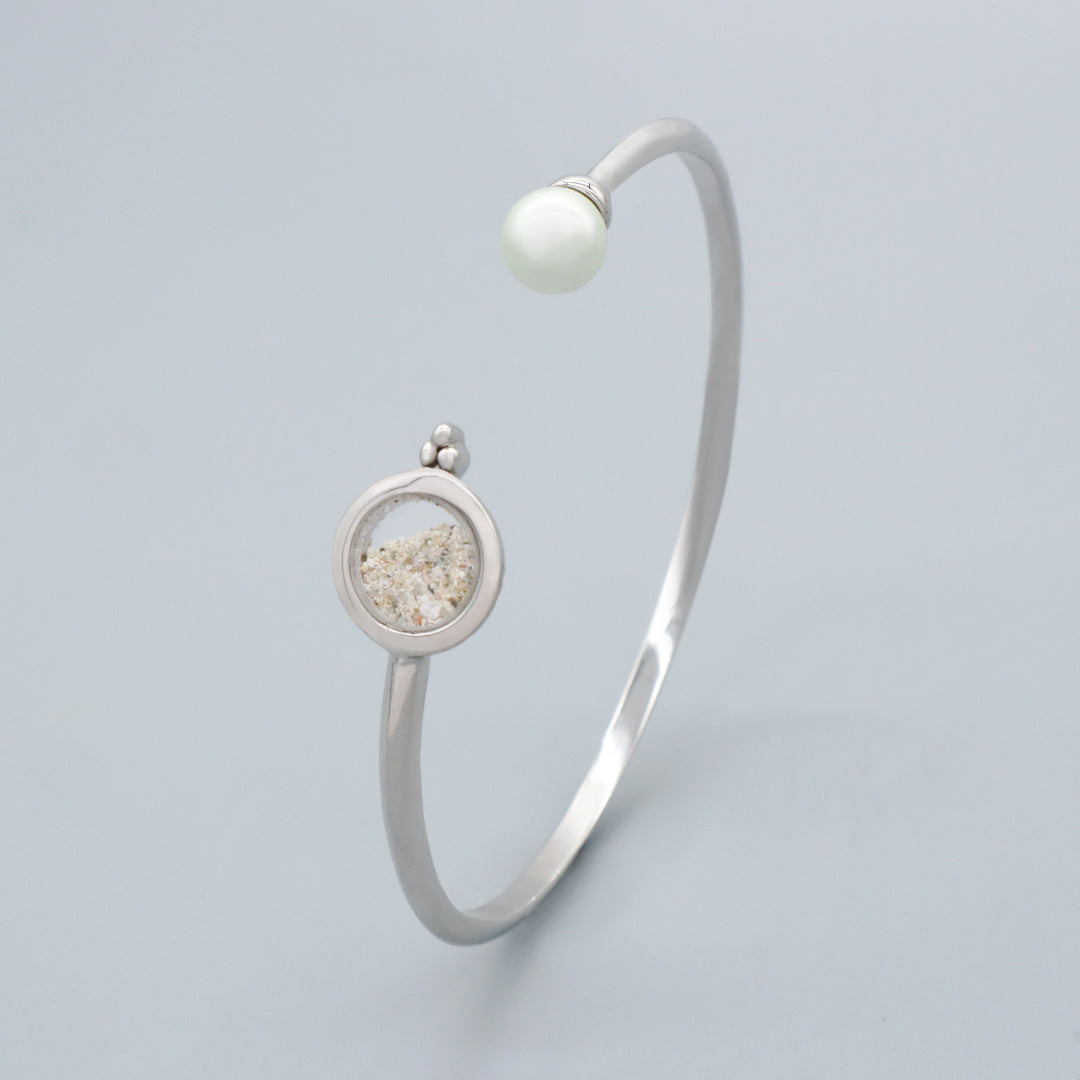 Manufacture Wholesale China Factory Custom Women Gift Open Adjustable Fresh Water Pearl Round Glass Mirror Sand CZ Charm 925 Sterling Silver Bangle Bracelet