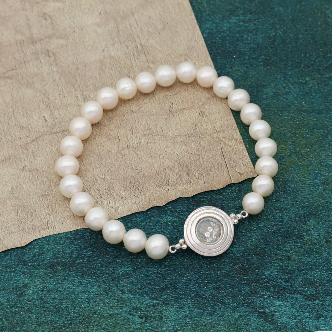 Newest Fashion China Factory Wholesale Manufacture Customized CZ Round Glass Mirror Sand 925 Sterling Silver Charm Fresh Water Pearl Beads Bracelet For Women Gift