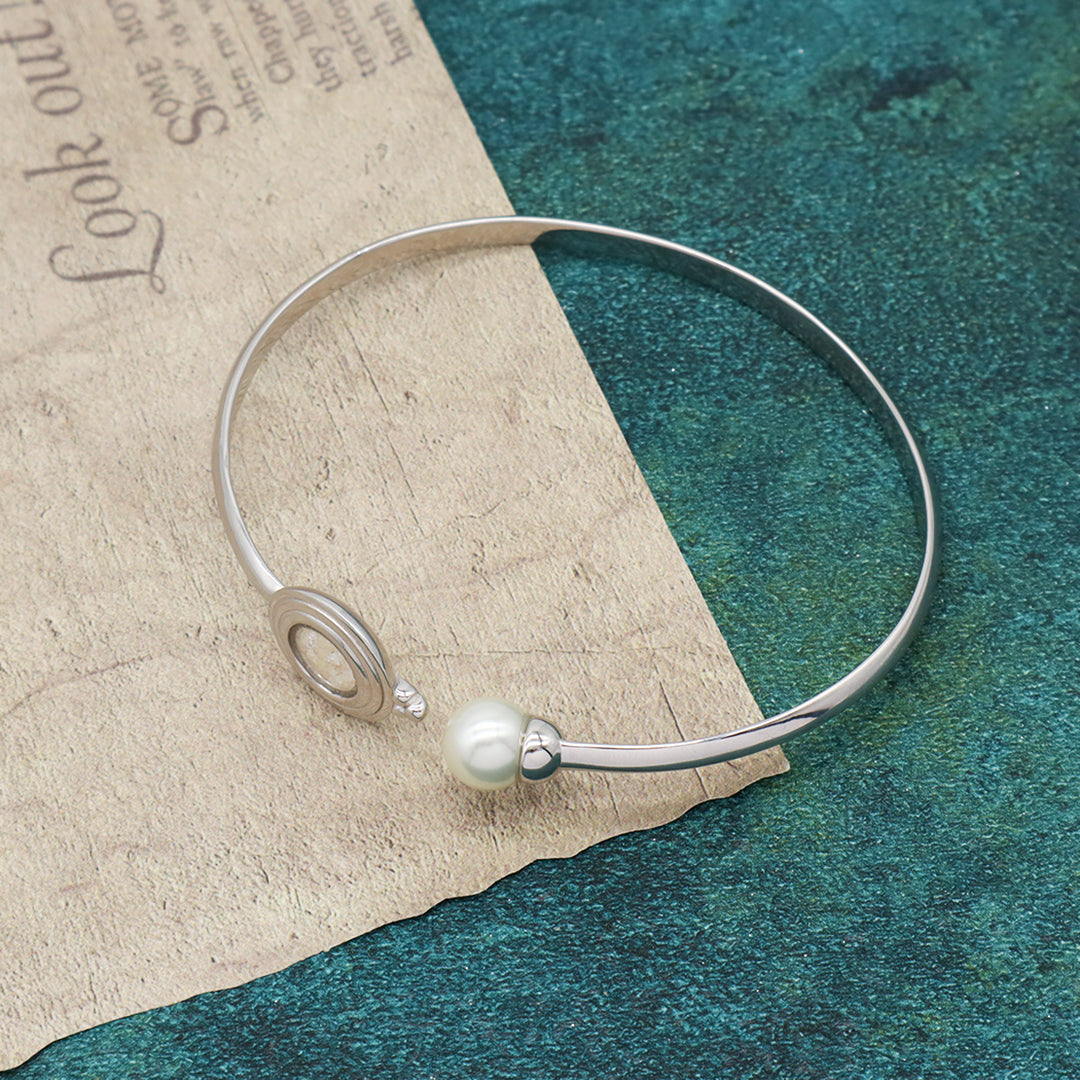 New Manufacture Wholesale China Factory Customized Round Glass Mirror Sand CZ Charm Fresh Water Pearl Open Adjustable 925 Sterling Silver Bangle Bracelet For Women Gift