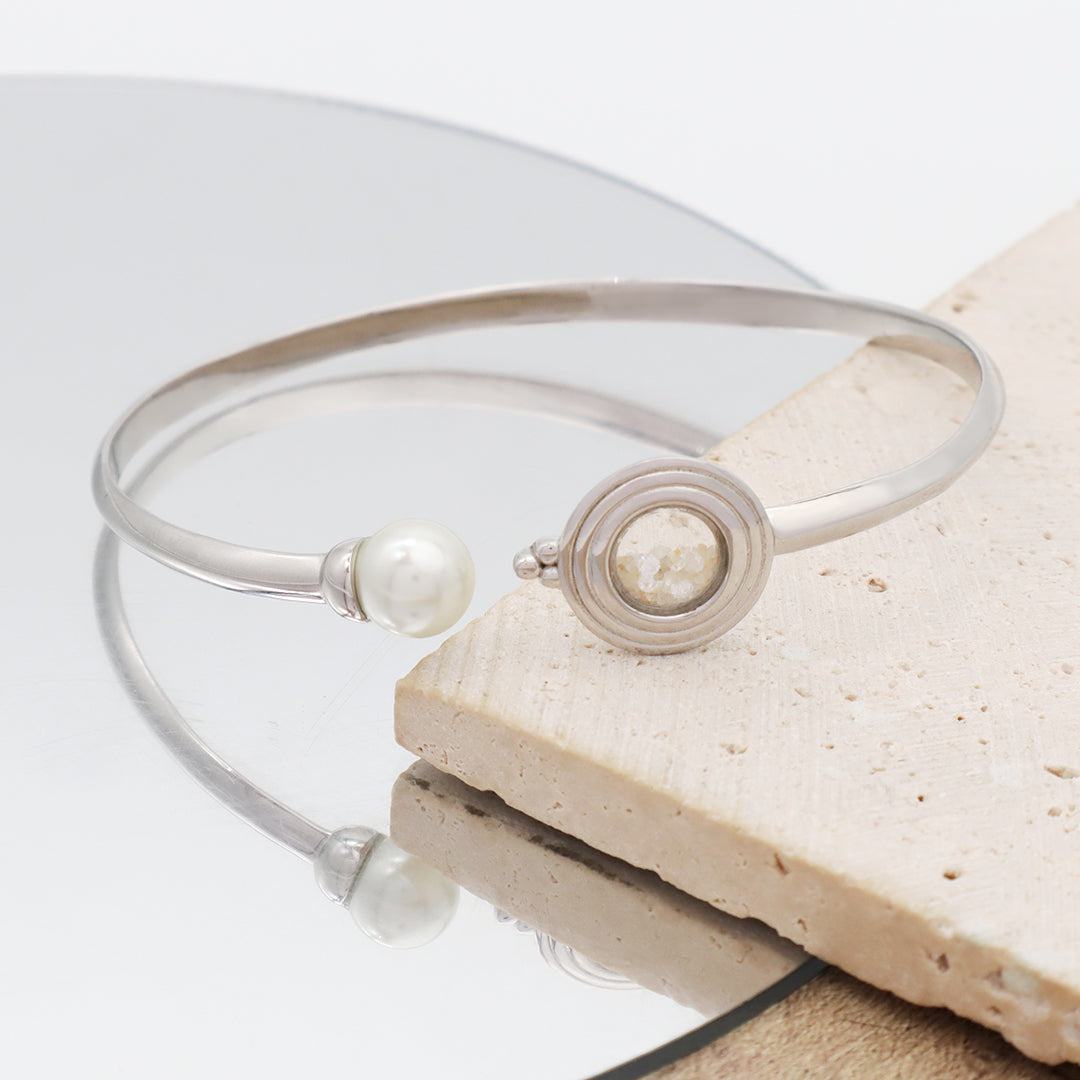New Manufacture Wholesale China Factory Customized Round Glass Mirror Sand CZ Charm Fresh Water Pearl Open Adjustable 925 Sterling Silver Bangle Bracelet For Women Gift