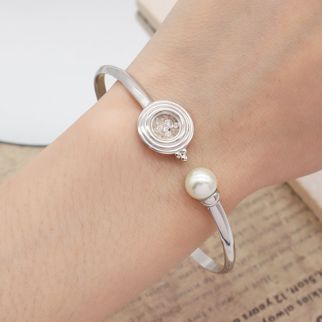 New Manufacture Wholesale China Factory Customized Round Glass Mirror Sand CZ Charm Fresh Water Pearl Open Adjustable 925 Sterling Silver Bangle Bracelet For Women Gift