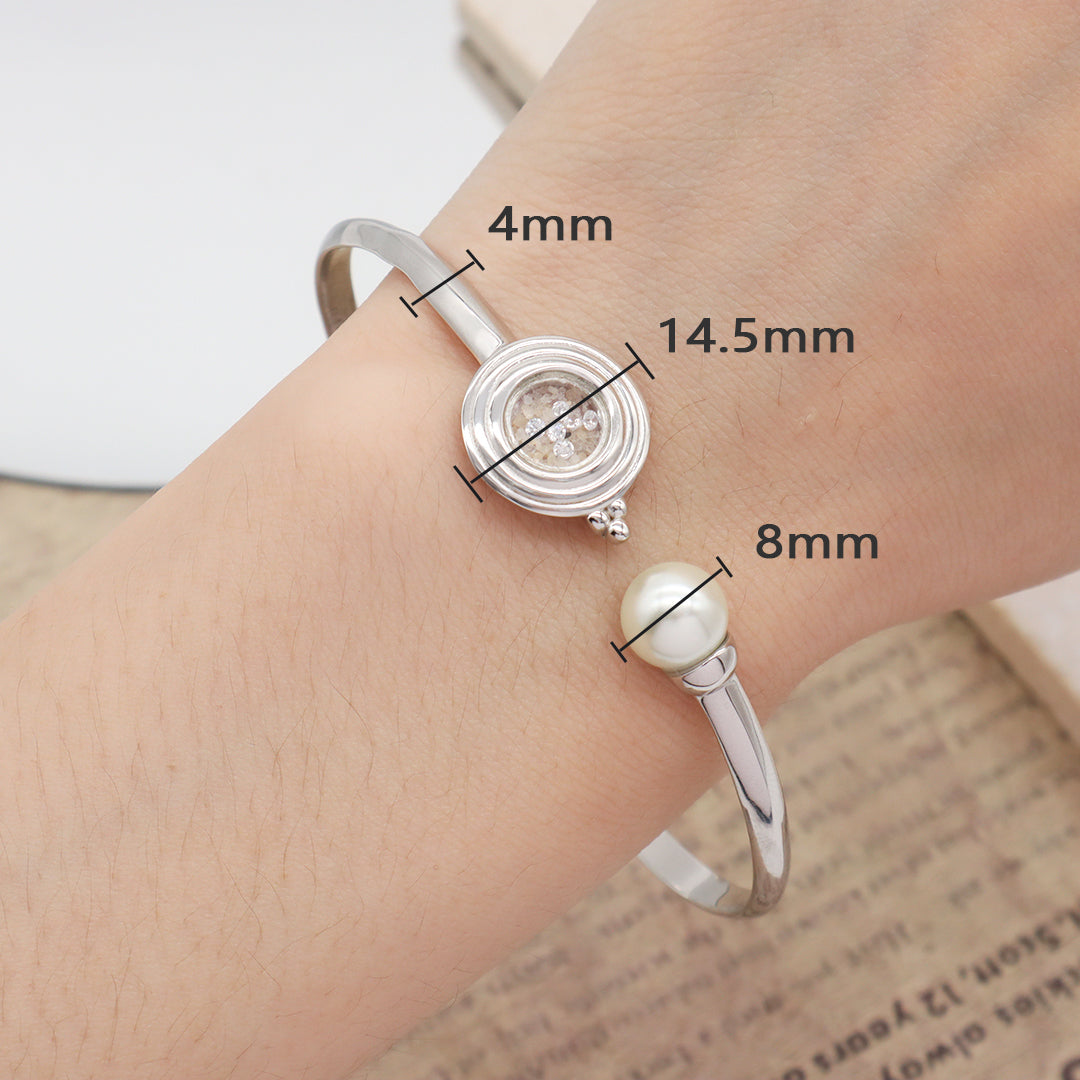 New Manufacture Wholesale China Factory Customized Round Glass Mirror Sand CZ Charm Fresh Water Pearl Open Adjustable 925 Sterling Silver Bangle Bracelet For Women Gift