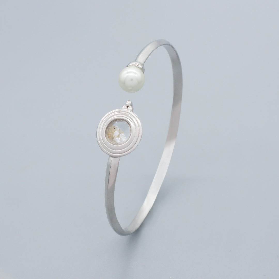 New Manufacture Wholesale China Factory Customized Round Glass Mirror Sand CZ Charm Fresh Water Pearl Open Adjustable 925 Sterling Silver Bangle Bracelet For Women Gift