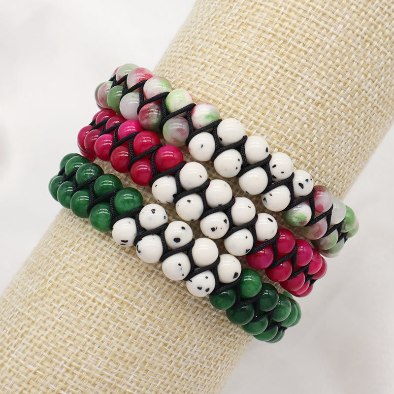 Natural Stone 6mm Colorful Jade Gemstone Handmade Bead Woven Custom Stainless Steel Logo Women Men Friendship Macrame Bracelet