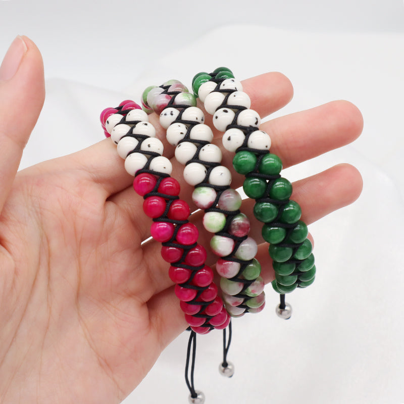Natural Stone 6mm Colorful Jade Gemstone Handmade Bead Woven Custom Stainless Steel Logo Women Men Friendship Macrame Bracelet