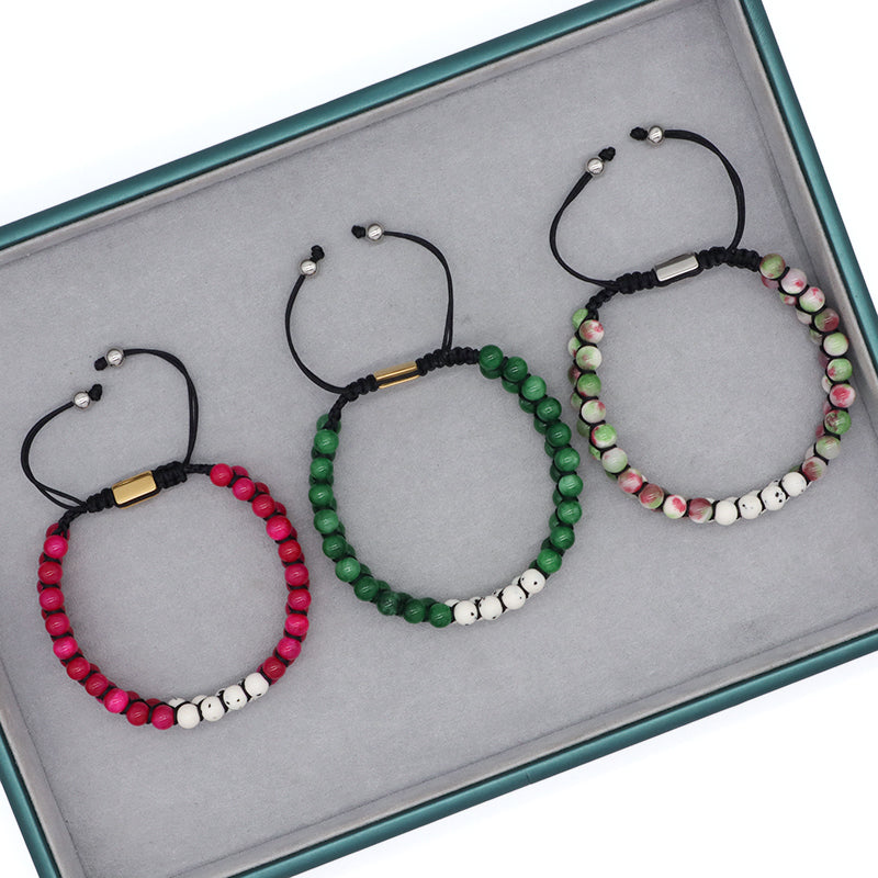 Natural Stone 6mm Colorful Jade Gemstone Handmade Bead Woven Custom Stainless Steel Logo Women Men Friendship Macrame Bracelet