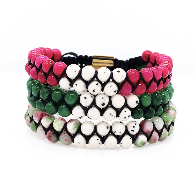 Natural Stone 6mm Colorful Jade Gemstone Handmade Bead Woven Custom Stainless Steel Logo Women Men Friendship Macrame Bracelet