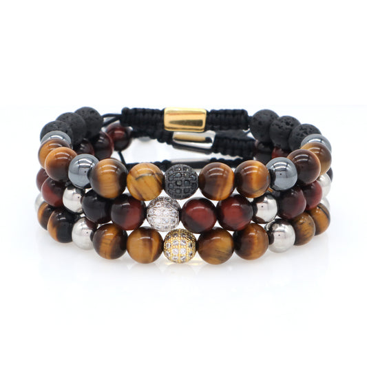 Custom Stainless Steel Logo CZ Beads Hand Woven Cord Macrame Jewelry Braided 8mm Natural Stone Hematite Tiger Eyes Bead Bracelet