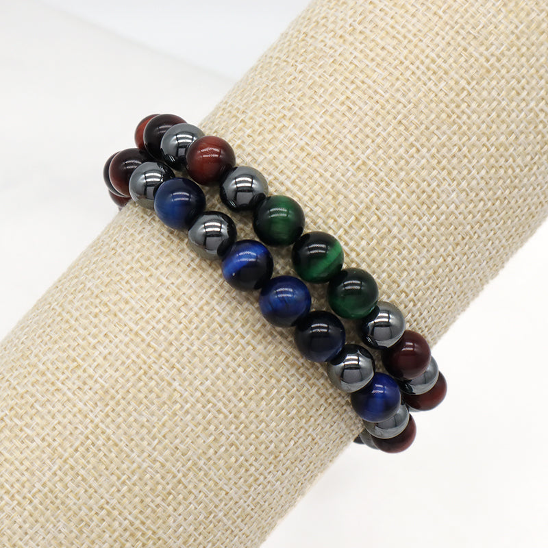 Handmade Woven Macrame CZ Beads Jewelry Custom Stainless Steel Logo 8mm Hematite Natural Stone Bead Blue Tiger Eyes Men Bracelet
