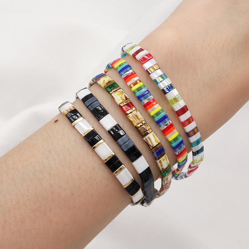 Wholesale Custom Colorful Miyuki Bracelet Jewelry Women Girl Gift Elastic Boho Flat Tila Tile Handmade Miyuki Seed Bead Bracelet