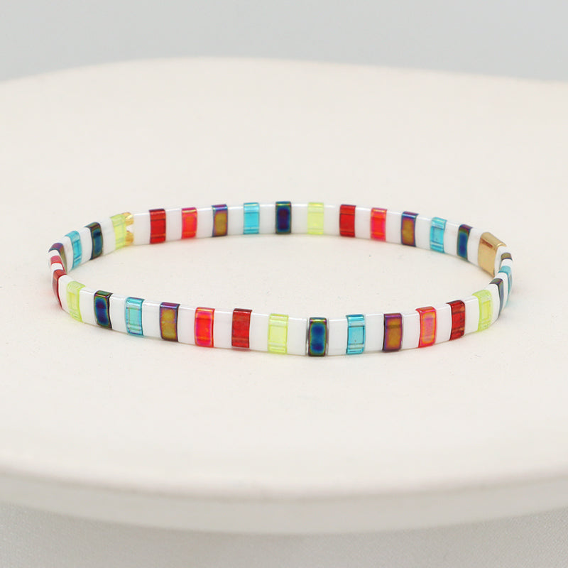 Wholesale Custom Colorful Miyuki Bracelet Jewelry Women Girl Gift Elastic Boho Flat Tila Tile Handmade Miyuki Seed Bead Bracelet