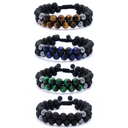 Handmade Braided Woven Cord Friendship Custom Various Color 8mm Natural Stone Tiger eyes Black Lava Beads Macrame Men Bracelet