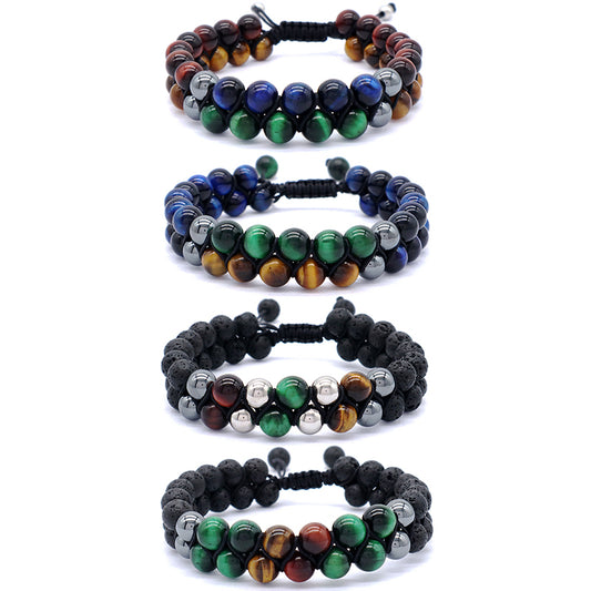 New Design Custom Mix Color Adjustable 8mm Tiger Eye Black Lave Beads Natural Stone Handmade Woven Men Jewelry Macrame Bracelet