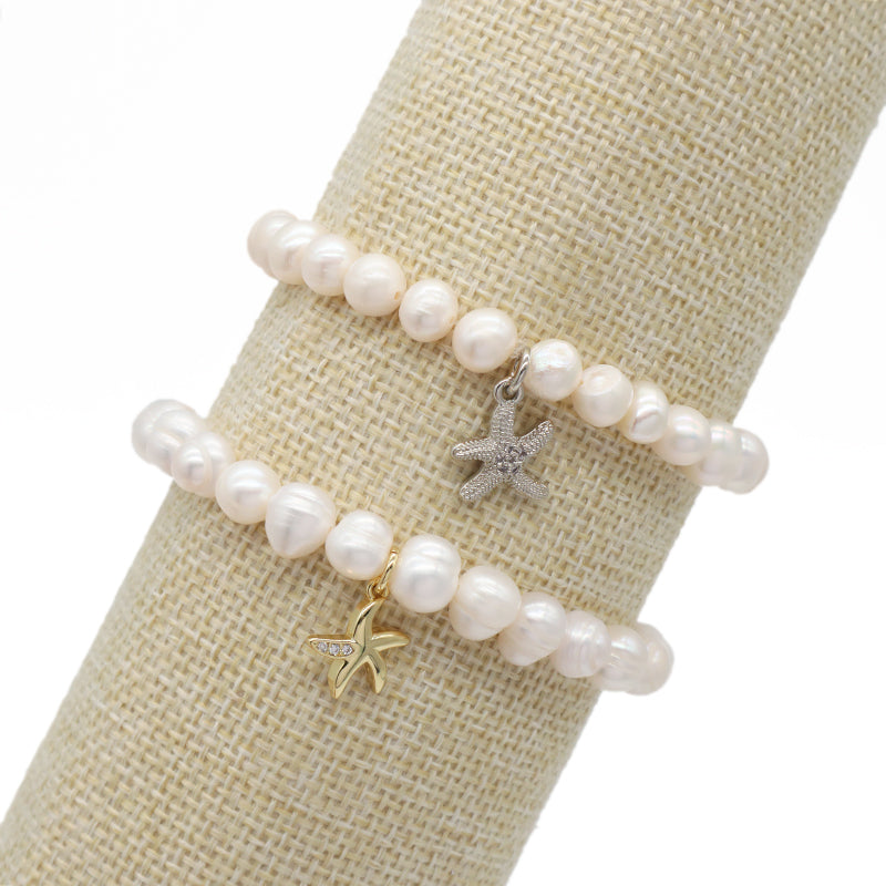 Custom Fashion Wholesale Factory Jewelry Handmade elastic CZ Sea Star Charm 7mm Natural Fresh Water Pearl Bracelet For Women